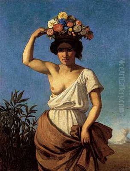 Allegori Pa Sommeren Med Italienerinde Baerende Blomster Oil Painting by August Jernberg