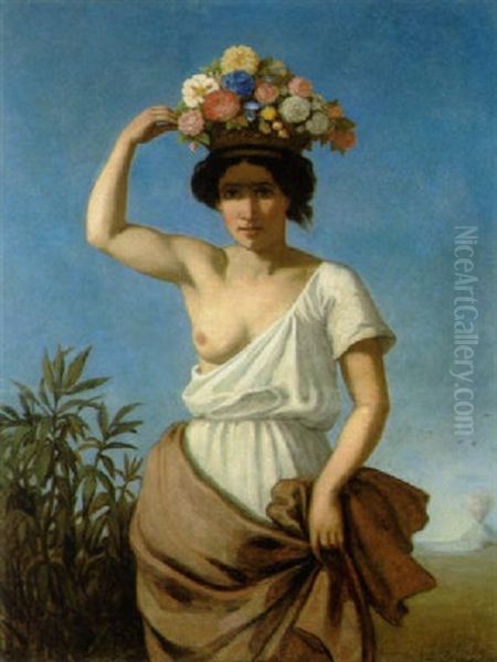 Ein Madchen, Das Auf Dem Kopf Einen Blumenkorb Tragt (allegorie Des Sommers) Oil Painting by August Jernberg