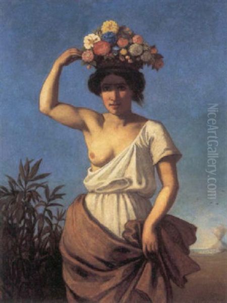 Italienerinde Baerende Blomster Oil Painting by August Jernberg