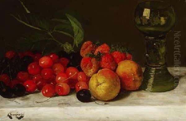 Stilleben Mit Kirschen, Erdbeeren Und Pfirsichen Bei Einem Romer Oil Painting by August Jernberg