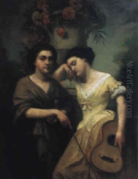 Flickor Med Musikinstrument Oil Painting by August Jernberg