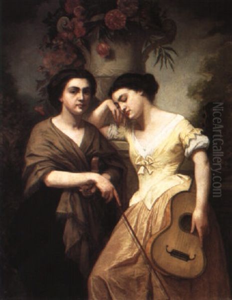 Portrait Of Two Young Ladies With Musical Instruments Oil Painting by August Jernberg