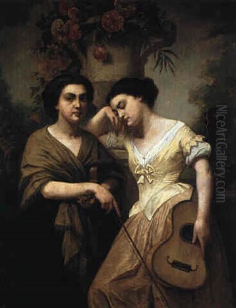 Musicerande Flickor Oil Painting by August Jernberg