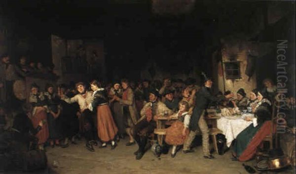 Fest Pa V,rdshuset Oil Painting by August Jernberg