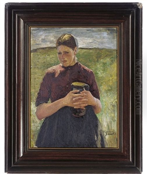 Portrait Of A Girl In A Field Holding A Jug Oil Painting by Olof August Andreas Jernberg