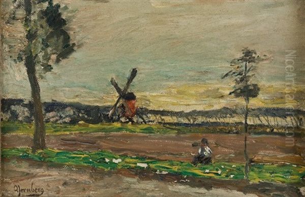 Landschaft Mit Windmuhle Und Rastendem Bauern (+ Landschaft Mit Spaziergangern, Lrgr; 2 Works) Oil Painting by Olof August Andreas Jernberg