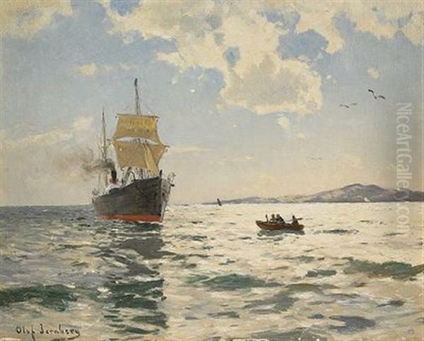 Marin Med Angfartyg Oil Painting by Olof August Andreas Jernberg