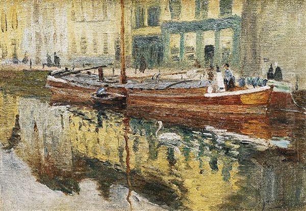 Kanal In Alt-berlin Oil Painting by Olof August Andreas Jernberg