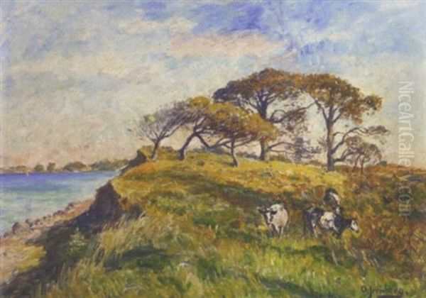 Cattle On A Cliff Oil Painting by Olof August Andreas Jernberg