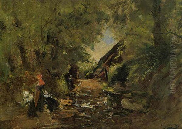 Ever In Kleinem Landlichem Flusshafen Oil Painting by Olof August Andreas Jernberg