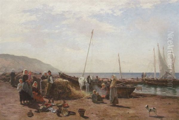 Samling Pa Stranden Oil Painting by Olof August Andreas Jernberg