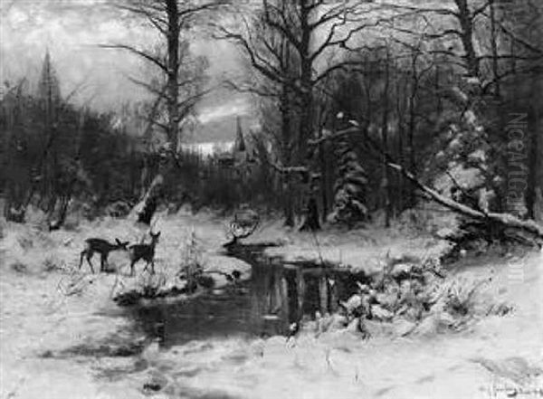 Winterwald -  Zwei Rehe Auf Verschneiter Waldlichtung, Abendstimmung Oil Painting by Olof August Andreas Jernberg