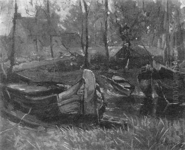 Ankernde Fischerkahne Im Flus Vor Hausern Oil Painting by Olof August Andreas Jernberg