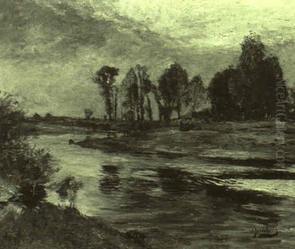 Niederrheinische Flusslandschaft Bei Abendlicher Beleuchtung Oil Painting by Olof August Andreas Jernberg