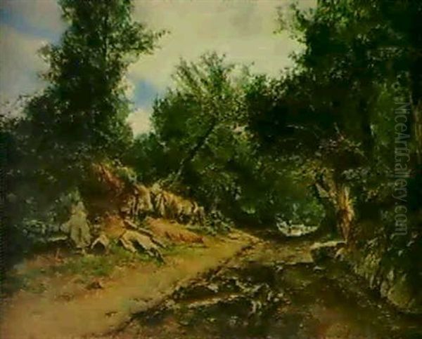 Kvinna Pa Skogsvag Oil Painting by Olof August Andreas Jernberg