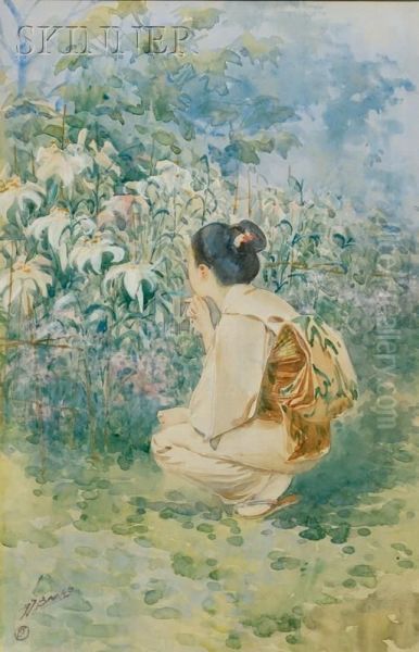 Woman In The Garden Oil Painting by Yamada Baske