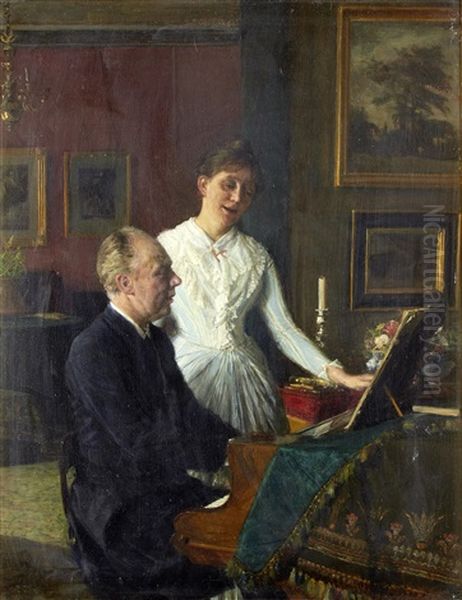 Actor Peter Jerndorff And His Wife Amalie At The Piano Oil Painting by August Andreas Jerndorff