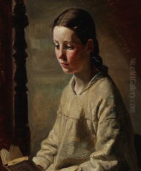 A Young Girl Reading Oil Painting by August Andreas Jerndorff