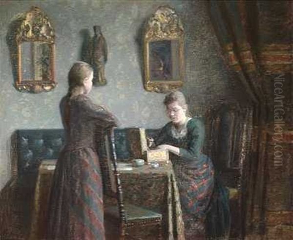 Interior Med Mor Og Datter, Der Beundrer Smykkerne I Et Gyldent Skrin Oil Painting by Julius Jersild