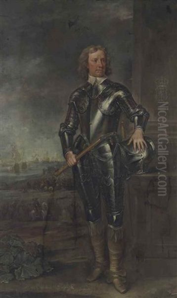 Portrait Of Oliver Cromwell, Lord Protector Of England, In Armour, A Seascape With Men-o'-war Beyond Oil Painting by Charles Jervas