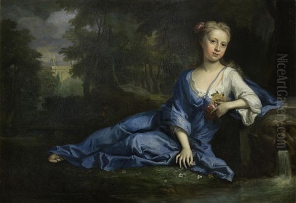 Portrait Of A Girl Reclining In A Landscape Oil Painting by Charles Jervas