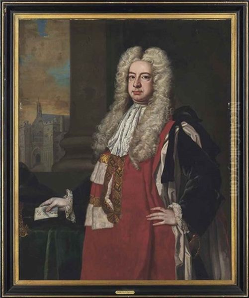 Portrait Of Lord Raymond 1st Baron Raymond (1673-1733), Three-quarter-length Holding A Note, Cathedral Beyond Oil Painting by Charles Jervas