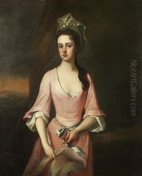 Portrait Of A Lady, Traditionally Identified As Mrs Piggot, Three-quarter-length, In A Pink Dress, Before A Landscape by Charles Jervas