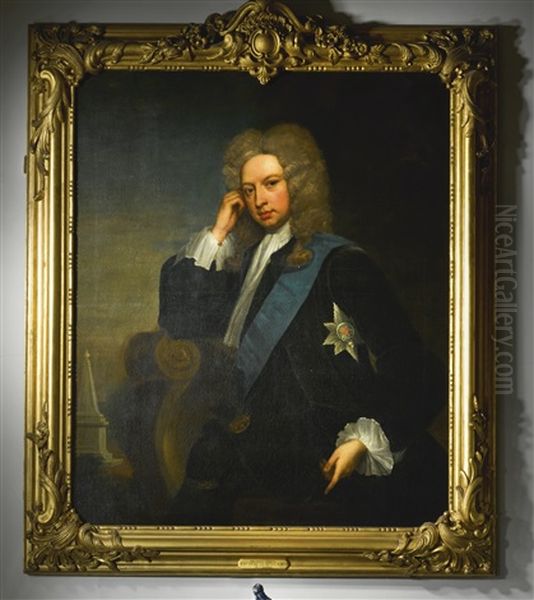 Portrait Of Henry Grey, 1st Duke Of Kent (1671 - 1740), Three Quarter Length, Seated In A Landscape, Wearing The Order Of The Garter Oil Painting by Charles Jervas