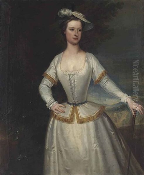 Portrait Of Jane Du Cane, Alias Du Quesne In A White Silk Dress With Golden Trimming And A Plumed Hat, A Cane In Her Left Hand, A Landscape Beyond Oil Painting by Charles Jervas