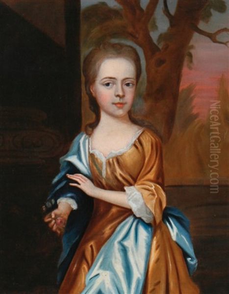 Portrait Of A Young Girl In A Landscape Setting, Holding A Rose Oil Painting by Charles Jervas