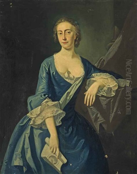 Portrait Of A Lady, Three-quarter-length, In A Blue Dress With Lace Trim, A Scroll In Her Right Hand Oil Painting by Charles Jervas