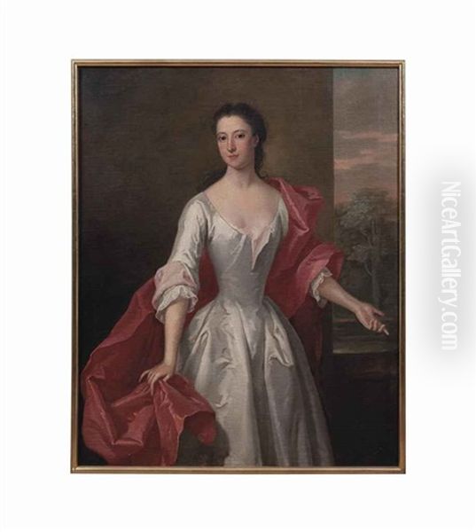 Portrait Of A Lady, Three-quarter-length, In An Oyster Satin Dress With A Red Wrap, A Landscape Beyond Oil Painting by Charles Jervas