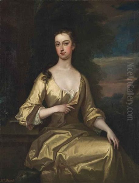 Portrait Of Elizabeth Dunch, Nee Godfrey (1683-1761), Three-quarter-length, In A Yellow Dress, In A Park Landscape Oil Painting by Charles Jervas