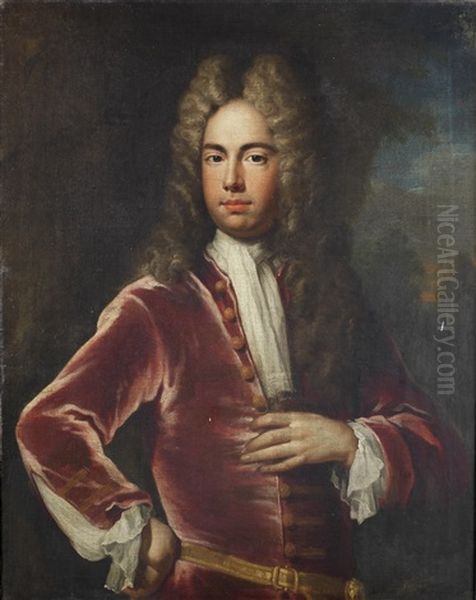 Portrait Of A Gentleman, Half-length, In A Claret Coat, Standing Before An Open Landscape Oil Painting by Charles Jervas