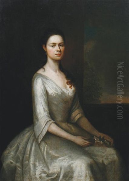 Portrait Of A Lady In A White Dress Holding A Tray Of Flowers Oil Painting by Charles Jervas