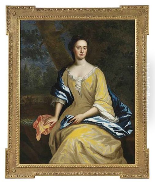 Portrait Of A Lady In A Yellow Dress And Blue Wrap, In A Landscape Oil Painting by Charles Jervas