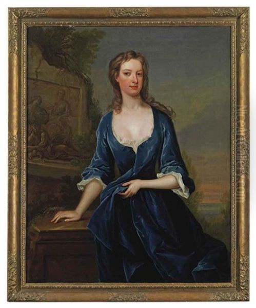 Portrait Of A Lady In A Blue Dress Beside Classical Relief, A Lake Beyond Oil Painting by Charles Jervas