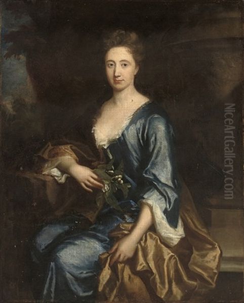 Portrait Of A Lady, In A Blue Dress And Brown Wrap Oil Painting by Charles Jervas