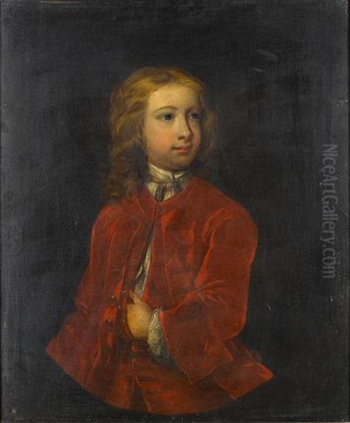 Portrait Of A Young Boy Of The Gore Family Half-length, In A Red Coat And Waistcoat Oil Painting by Charles Jervas