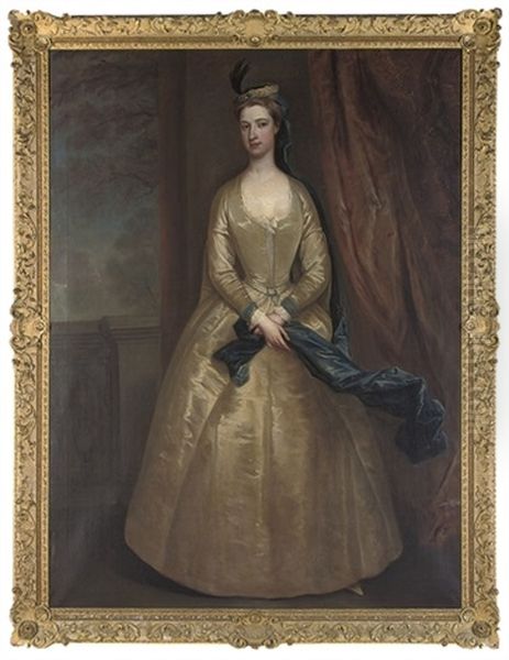 Portrait Of Lady Barbara North, In An Oyster Satin Dress And A Blue Wrap, On A Terrace by Charles Jervas