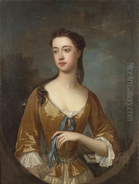 Portrait Of A Lady (mrs Yelverton?), Half-length, In A Gold Satin Dress With A Blue Ribbon, Leaning On A Marble Plinth Oil Painting by Charles Jervas