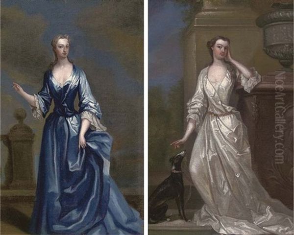 Portrait Of Maria Skerrett, Lady Walpole In A Blue Dress On A Balcony (+ Portrait Of The Countess Of Bridgewater In A White Dress With A Dog By Her Side Oil Painting by Charles Jervas