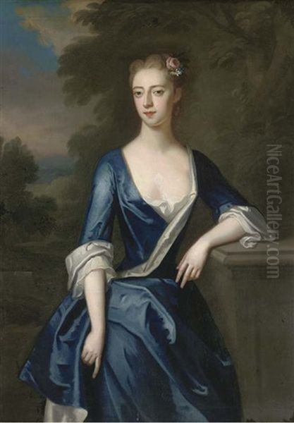 Portrait Of A Lady, Three-quarter-length, (elizabeth Partheriche?) In A Blue Dress With A Landscape Beyond Oil Painting by Charles Jervas