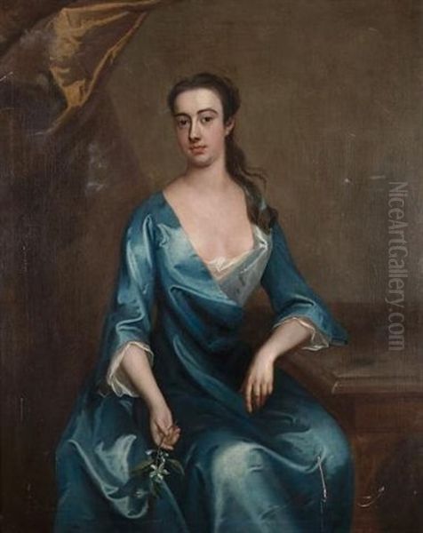 Portrait Of A Lady (miss Shafto?) In A Blue Dress And Holding A Sprig Of Orange Blossom Oil Painting by Charles Jervas