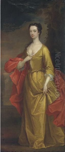 Portrait Of The Duchess Of Dorset, Full-length, In A Yellow Dress And Red Wrap, A Pavilion In A Garden Beyond Oil Painting by Charles Jervas