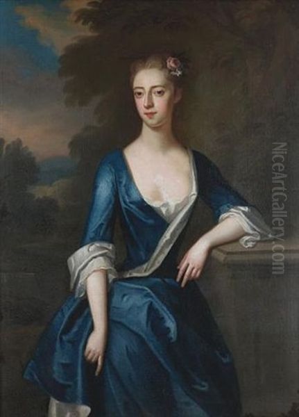 Portrait Of A Lady (elizabeth Patheriche?) Standing Three-quarter-length, In A Blue And White Dress With Flowers In Her Hair Oil Painting by Charles Jervas