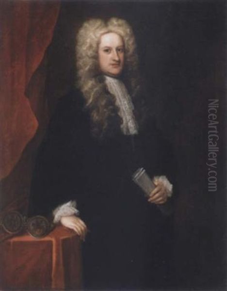 Portrait Of John Willes, Chief Justice Of Chester, Standing By A Table, Wearing A Dark Coat Oil Painting by Charles Jervas