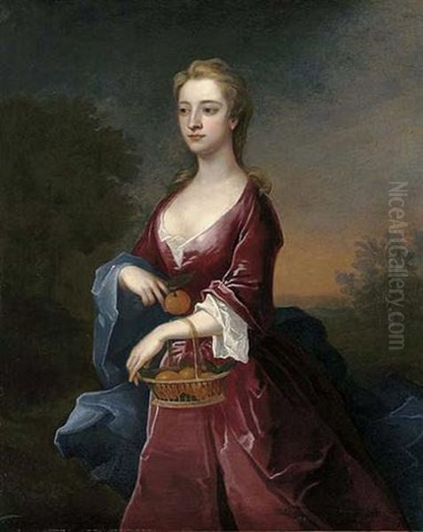 Portrait Of The Hon. Mary Digby In A Maroon Dress And Blue Wrap, Holding A Basket Of Oranges On Her Left Arm, An Orange In Her Right Hand Oil Painting by Charles Jervas