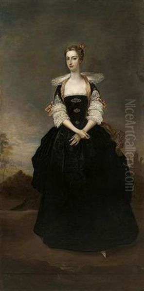 Portrait Of A Lady (a Member Of The Dundas Family?) In A Black Van Dyck Dress, In A Landscape Oil Painting by Charles Jervas