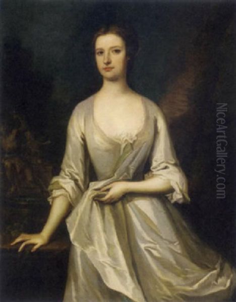 Portrait Of A Lady In A White Dress, A Fountain Beyond Oil Painting by Charles Jervas